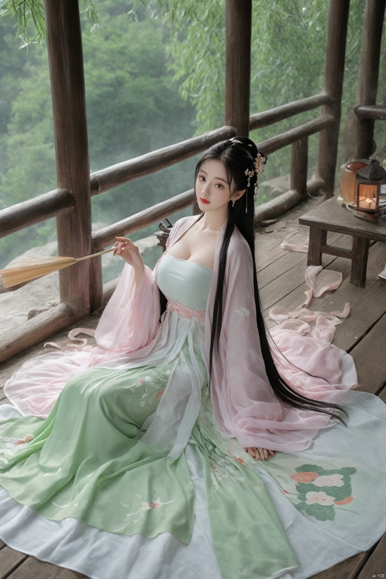  ((1girl)),solo,lying on back on bamboo mat bed in garden,paper fan,thin hanfu,foggy,(curtain),(bamboo forest),(huge breasts:1.88),(Spread your legs and expose your vagina:1.55),tiles roof,light green and white,off shoulders,chinese painting,gongbi style,water_color,(grapevineman:1.4),(huge breasts:2),(trees, artificial mountain, green lotus leaves,light pink lotus flowers),koi,wooden windows,doors,bed,stone,trandional architecture,temple,tower,wall,chinese garden,long hair,full body,bangs,(huge breasts:2.2),(masterpiece, Extremely detailed, best quality, highres:1.2),(ultra_detailed, UHD:1.2),soft smile,huyefo,1girl,see-through,(huge breasts:2.3),bsp,daxiushan,daxiushan style,