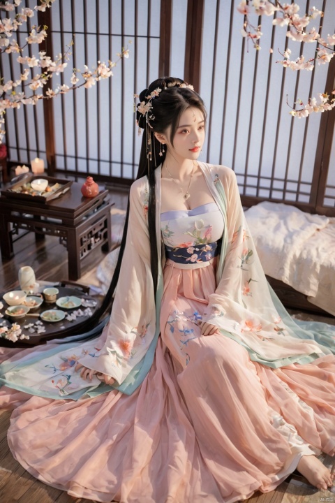  1girl, solo, long hair, black hair,Hairpins,necklace, hair ornament, dress, full body, flower, earrings, indoors, hair bun, (Sequin color dress),(Tube top Hanfu long skirt:1.1), pillow, bed, night, chinese clothes, table, branch,daxiushan, ,daxiushan style,(huge breasts:1.99), (full breasts:1.59), realistic,hanfu, daxiushan,Shoulders are exposed, , daxiushan, arien_hanfu, FilmGirl