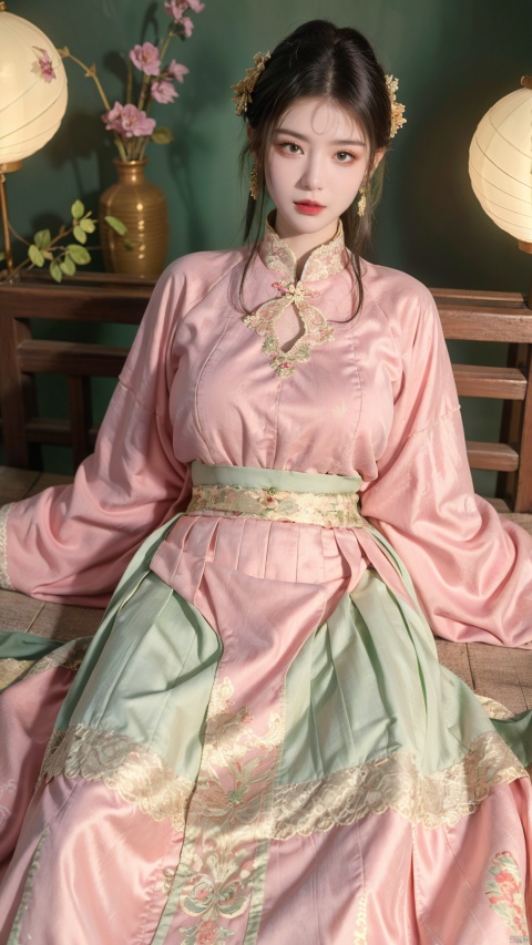  1girl, (Lace pink|green skirt:1.46), on Stomach, lying down, bed,aqua_earrings,Lights, lanterns, chang,(big breasts:1.59),hanfu, (antique cheongsam), (Chinese round fans:1.2), ll-hd, shidudou,(midi skirt:1.19), QIPAO, taoist robe, hy, han style, Light master