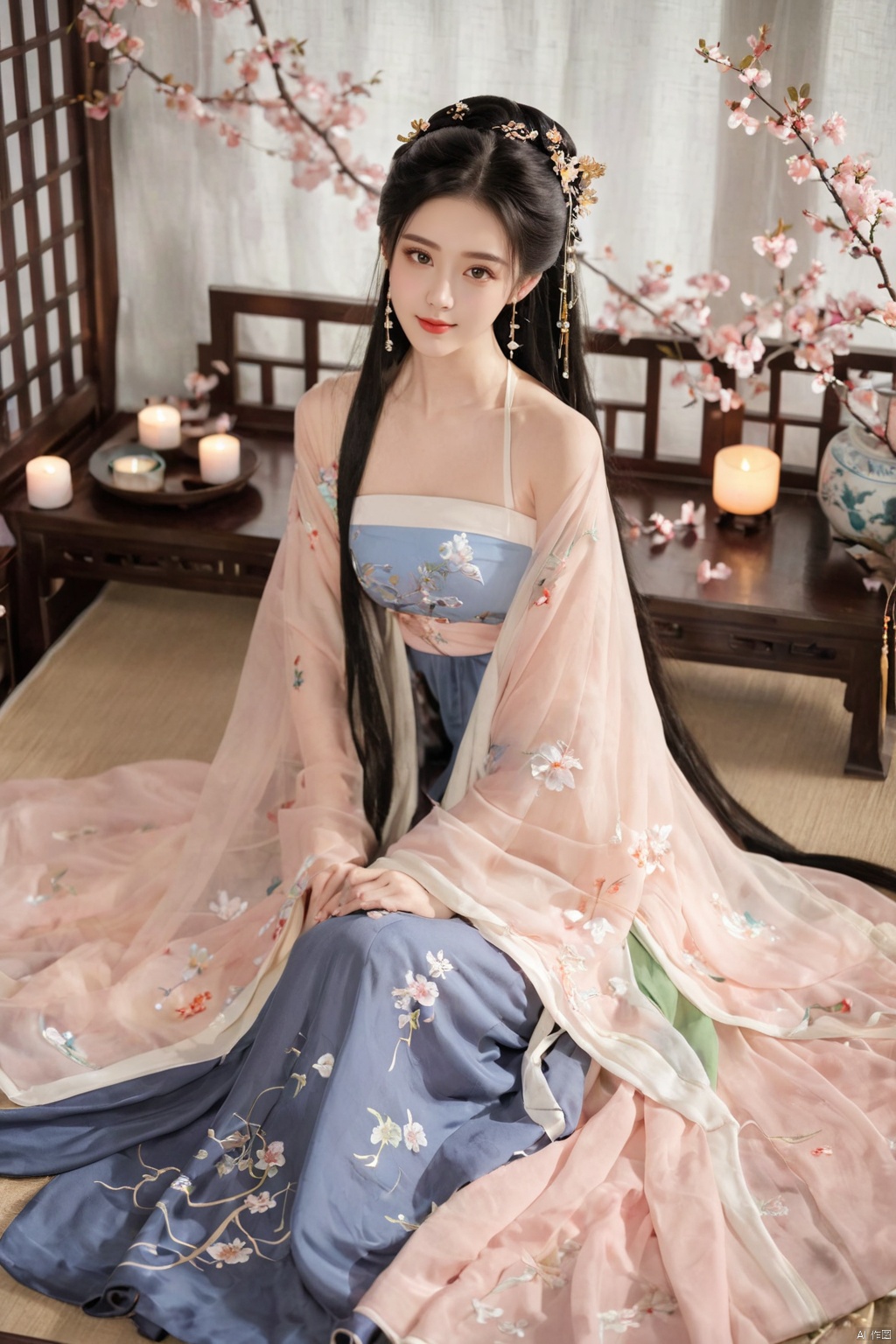  1girl, solo, long hair, black hair,Hairpins,necklace, hair ornament, dress, full body, flower, earrings, indoors, hair bun, (Silk dress),(Tube top Hanfu long skirt:1.1), pillow, bed, night, chinese clothes, table, branch,daxiushan, ,daxiushan style,(huge breasts:1.99), (full breasts:1.59), realistic,hanfu, daxiushan,Shoulders are exposed, , daxiushan, arien_hanfu, FilmGirl