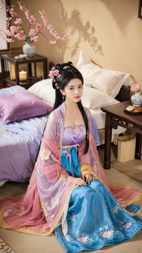  1girl, solo, long hair, black hair,Hairpins,necklace, hair ornament, dress, full body, flower, earrings, indoors, hair bun, (purple-pink-blue-yellow dress),(Tube top Hanfu long skirt:1.1), pillow, bed, night, chinese clothes, table, branch,daxiushan, ,daxiushan style,(huge breasts:1.6), (full breasts), realistic,hanfu, daxiushan,Shoulders are exposed, , daxiushan, arien_hanfu, FilmGirl