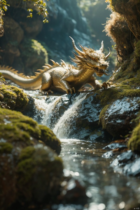 A dragon, lying down, mossy rocks, background (cliff, waterfall), depth of field, 4K, dragon