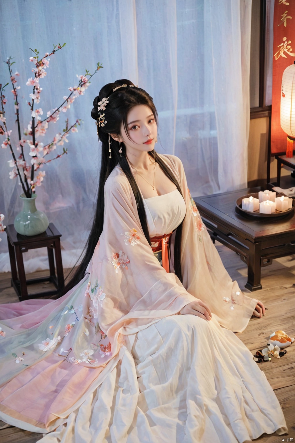  1girl, solo, long hair, black hair,Hairpins,necklace, hair ornament, dress, full body, flower, earrings, indoors, hair bun, (white dress),(Tube top Hanfu long skirt:1.1), pillow, bed, night, chinese clothes, table, branch,daxiushan, ,daxiushan style,(huge breasts:1.99), (full breasts:1.59), realistic,hanfu, daxiushan,Shoulders are exposed, , daxiushan, arien_hanfu, FilmGirl