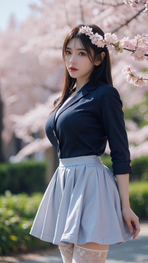  1girl,eye contact,sunlight,(blue JK_suit:1.2),JK_style,(dark blue JK_skirt),standing,arms behindback,white thighhighs,unity 8k wallpaper,ultra detailed,beautiful and aesthetic,cherry blossoms,(depth of field:1.5),(black pantyhose),reality,high quality,highres,(big breasta:1.26)
