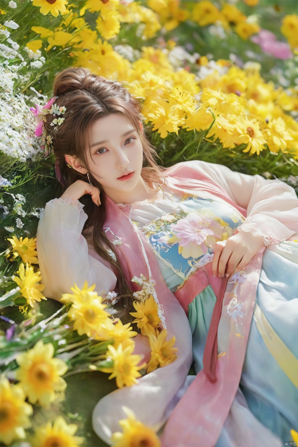  1girl, aerith gainsborough, final fantasy, lying back on flowers, from above, masterpiece, best quality, very aesthetic, absurdres, newest, ai-generated