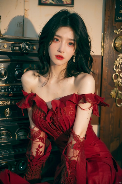  sdmai, hongchen, 1girl, solo, dress, red dress, black hair, realistic, breasts, jewelry, earrings, looking at viewer, bare shoulders,(big breasts:1.33)