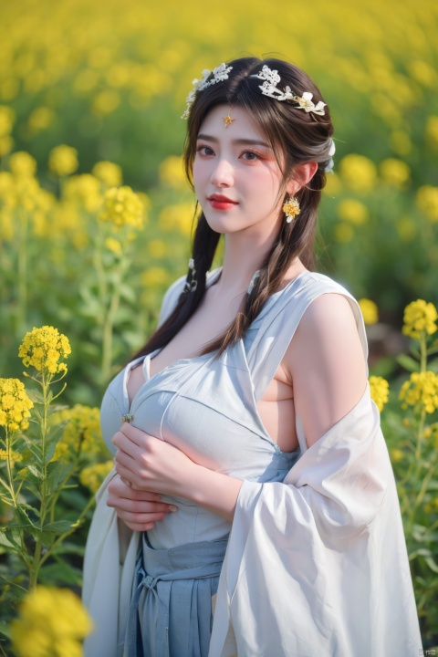  Enhanced, masterpiece, 16K, girl, Solo, Flower Field, rape flower, (\meng ze\), yue , hair ornament , hanfu,(big breasts:1.33)