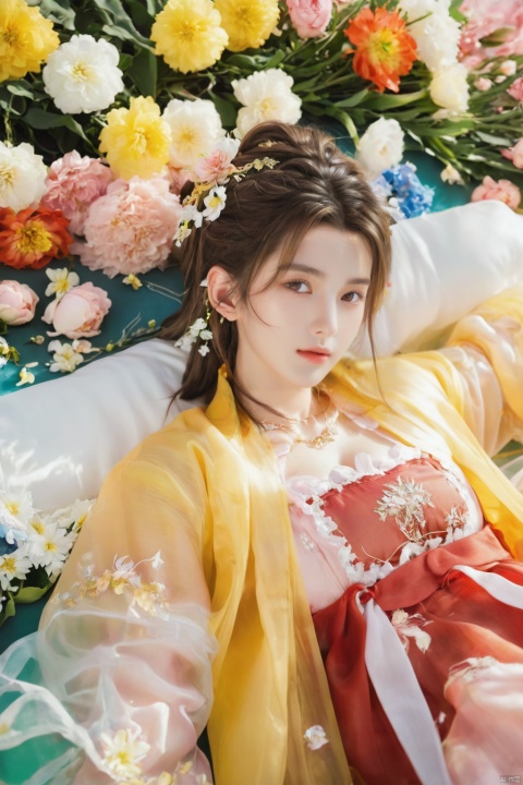  1girl, aerith gainsborough, final fantasy, lying back on flowers, from above, masterpiece, best quality, very aesthetic, absurdres, newest, ai-generated,(big breasts:1.52)