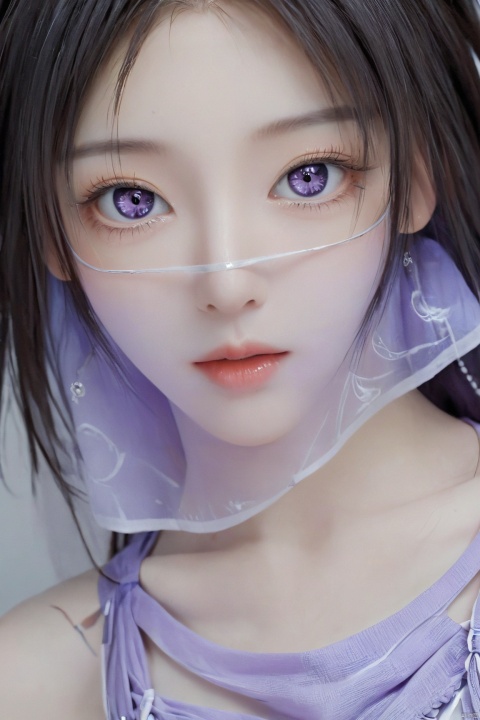  upper_body,macro range,,a girl,mouth gauze,purple eyes, X-ziling,(big breasts:1.59),