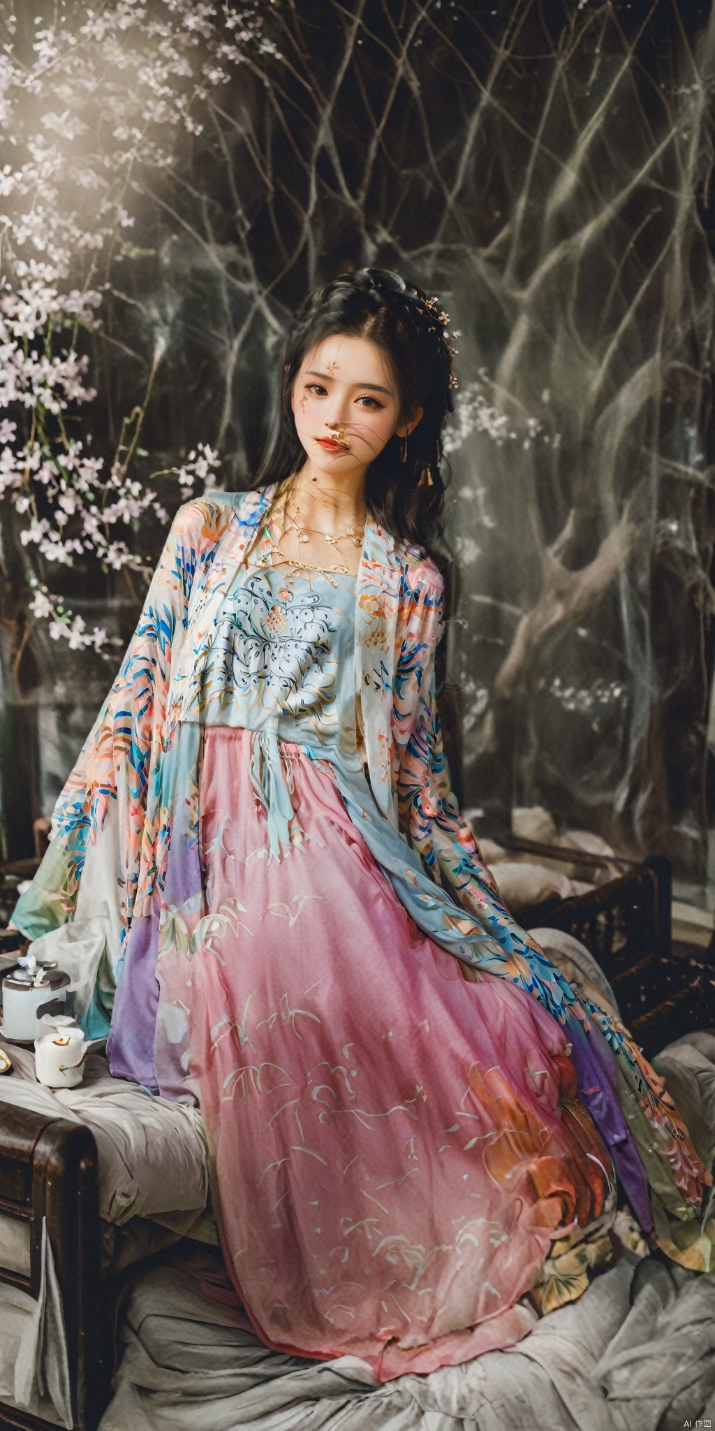  1girl, solo, long hair, black hair,Hairpins,necklace, hair ornament, dress, full body, flower, earrings, indoors, hair bun, (purple-pink-green dress),(Tube top Hanfu long skirt:1.1), pillow, bed, night, chinese clothes, table, branch,daxiushan, ,daxiushan style,(huge breasts:1.66), (full breasts:1.52), realistic,hanfu, daxiushan,Shoulders are exposed,daxiushan, arien_hanfu, FilmGirl