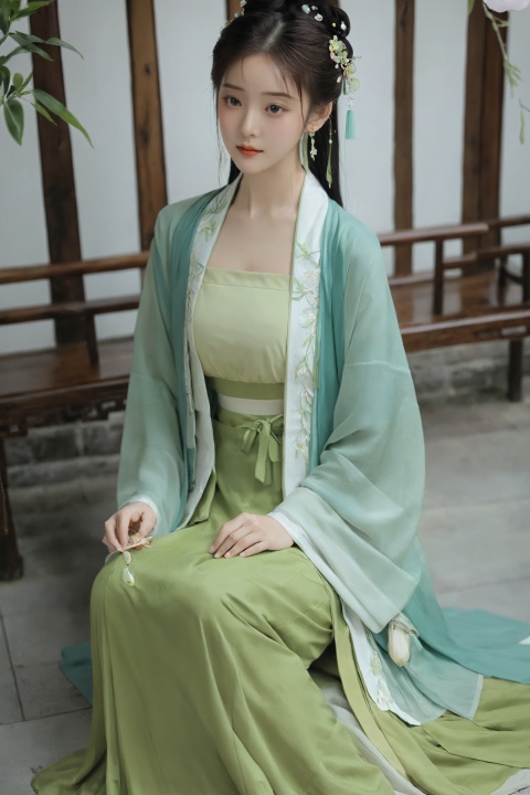  (masterpiece, top quality, best quality, official art, beautiful and aesthetic:1.2),gf-hd, 1girl, solo, hair ornament, jewelry,green hanfu dress, long dress, earrings, chinese clothes, brown hair, ribbon, hanfu, red ribbon, shawl, song_hanfu,(big breasts:1.99), (full breasts:1.59),monkren