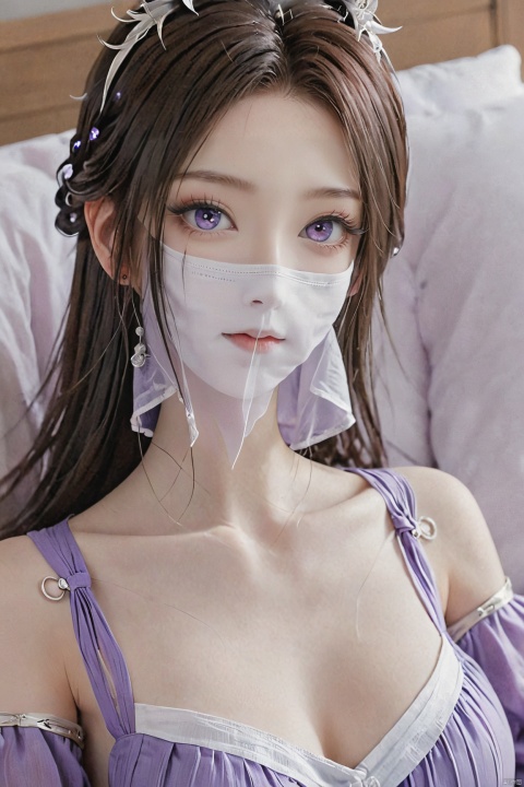  upper_body,macro range,,a girl,mouth gauze,purple eyes, X-ziling,(big breasts:1.59),