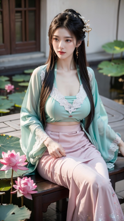  (1girl:1.1), (Lace green skirt:1.39), on Stomach,aqua_earrings,Lights, lanterns, chang,(big breasts:1.56),hanfu, Best quality, Realistic, photorealistic, masterpiece, extremely detailed CG unity 8k wallpaper, best illumination, best shadow, huge filesize ,(huge breasts:1.59) incredibly absurdres, absurdres, looking at viewer, transparent, smog, gauze, vase, petals, room, ancient Chinese style, detailed background, wide shot background,
(((black hair))),(Sitting on the lotus pond porch:1.49) ,(A pond full of pink lotus flowers:1.5),close up of 1girl,Hairpins,hair ornament,hair wings,slim,narrow waist,perfect eyes,beautiful perfect face,pleasant smile,perfect female figure,detailed skin,charming,alluring,seductive,erotic,enchanting,delicate pattern,detailed complex and rich exquisite clothing detail,delicate intricate fabrics,
Morning Serenade In the gentle morning glow, (a woman in a pink lotus-patterned Hanfu stands in an indoor courtyard:1.36),(Chinese traditional dragon and phoenix embroidered Hanfu:1.3), admiring the tranquil garden scenery. The lotus-patterned Hanfu, embellished with silver-thread embroidery, is softly illuminated by the morning light. The light mint green Hanfu imparts a sense of calm and freshness, adorned with delicate lotus patterns, with a blurred background to enhance the peaceful atmosphere,X-Yunxiao, Yunxiao_Fairy,X-ziling