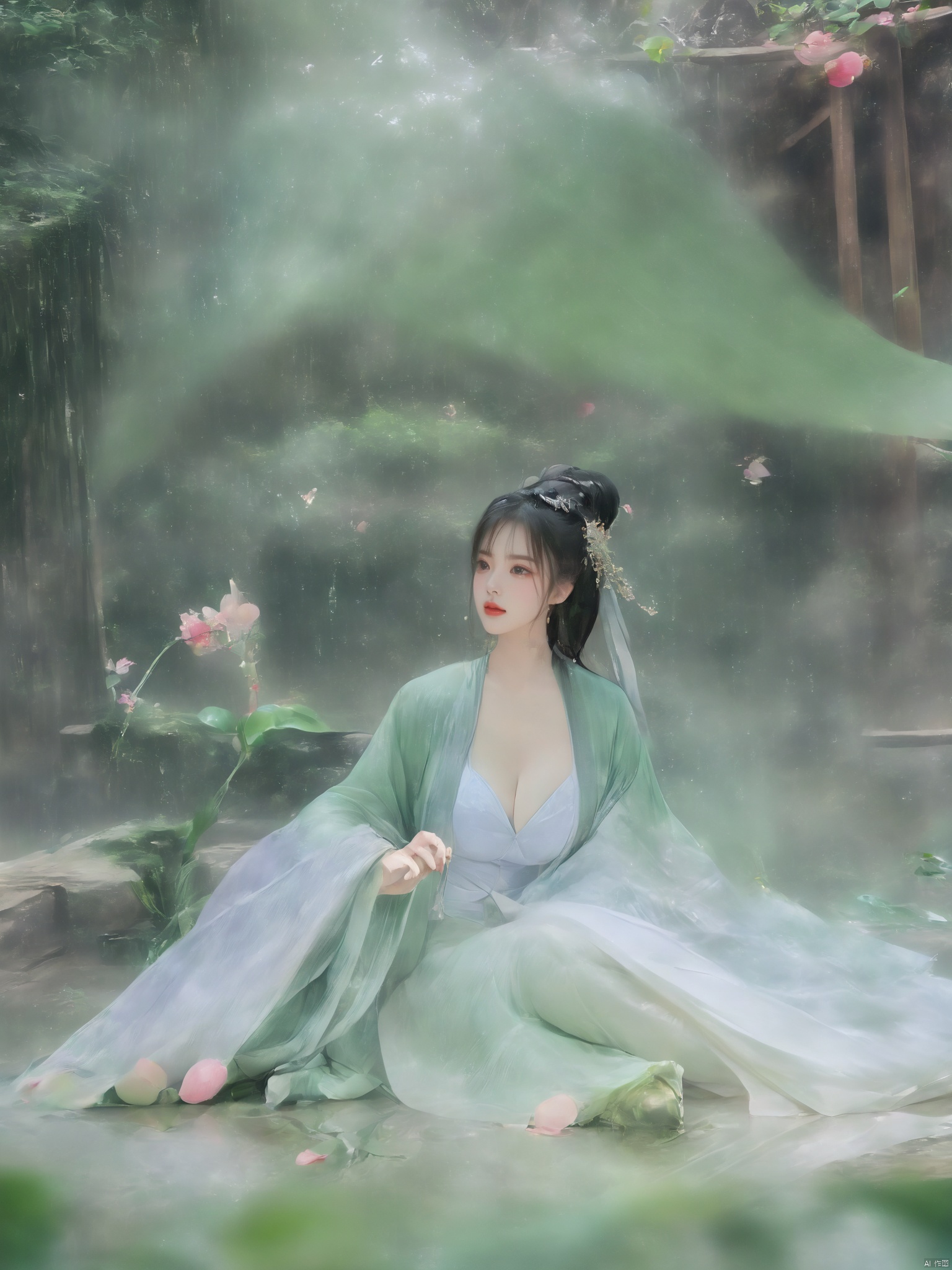  ((1girl)),solo,lying on back on bamboo mat bed in garden,paper fan,thin hanfu,foggy,(curtain),(bamboo forest),(huge breasts:2),(Spread your legs and expose your vagina:1.55),tiles roof,light green and white,off shoulders,chinese painting,gongbi style,water_color,(grapevineman:1.4),(huge breasts:2.5),(trees, artificial mountain, green lotus leaves,light pink lotus flowers),koi,wooden windows,doors,bed,stone,trandional architecture,temple,tower,wall,chinese garden,long hair,full body,bangs,(huge breasts:2.2),(masterpiece, Extremely detailed, best quality, highres:1.2),(ultra_detailed, UHD:1.2),soft smile,huyefo,1girl,see-through,(huge breasts:2.3),,*****,bsp,daxiushan,daxiushan style, , ,