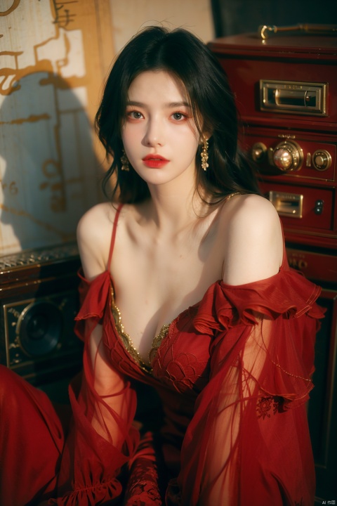  sdmai, hongchen, 1girl, solo, dress, red dress, black hair, realistic, breasts, jewelry, earrings, looking at viewer, bare shoulders,(big breasts:1.69)