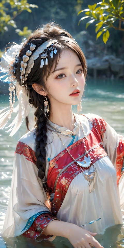  1girl,(Dynamic Pose:1.5),Chinese Yi ethnic clothing,Silver metal headwear, capelet, earrings, jewelry,A huge metal hat,Headwear metal tassels,Silver metal hat, lips, long sleeves, short hair, solo, water, wide sleeves, 1girl,(big breasts:1.59)