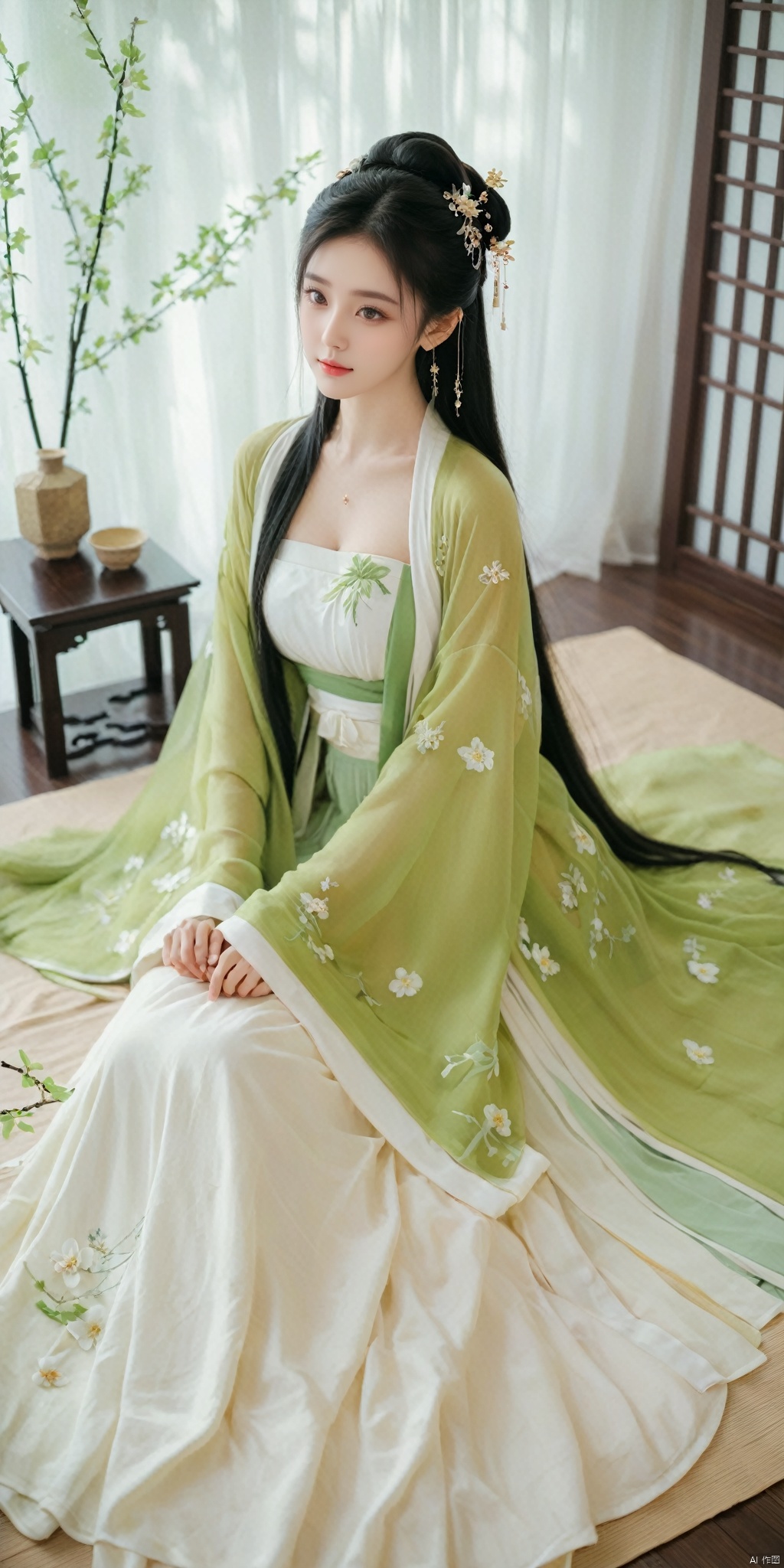  1girl, solo, long hair, black hair,Hairpins,necklace, hair ornament, dress, full body, flower, earrings, indoors, hair bun, (white-green dress),(Tube top Hanfu long skirt:1.1), pillow, bed, night, chinese clothes, table, branch,daxiushan, ,daxiushan style,(huge breasts:1.88), (full breasts:1.59), realistic,hanfu, daxiushan,Shoulders are exposed, , daxiushan, arien_hanfu, FilmGirl