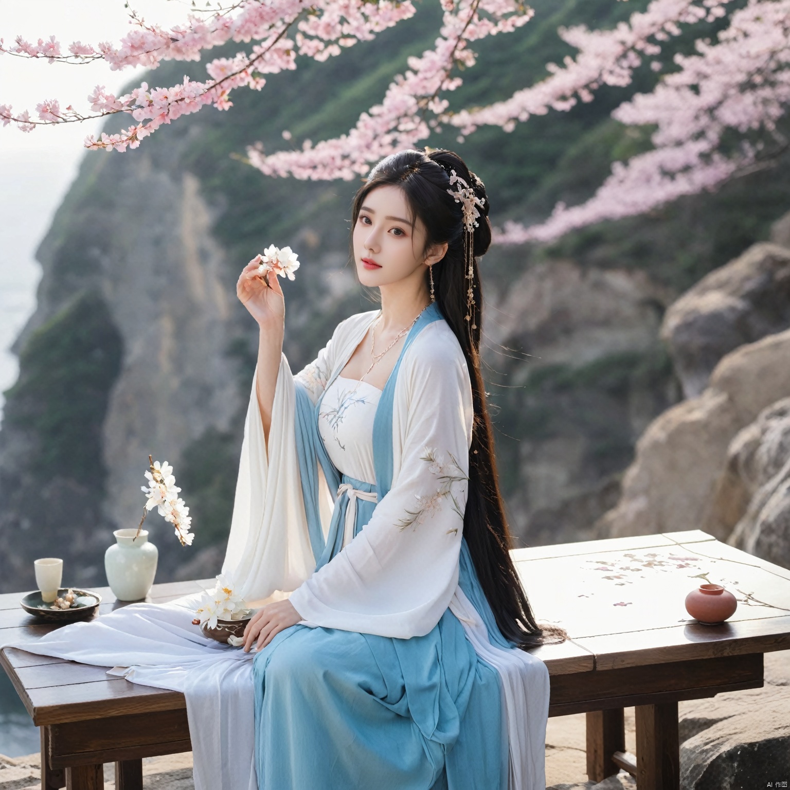  (Masterpiece:1.2), best quality, (huge and full breasts:1.99), (full breasts), necklace, Tree, Outdoor, Flower Sea, Cliff Edge, full body, daxiushan

1girl, long hair, breasts, looking at viewer, black hair, hair ornament, long sleeves, dress, indoors, wide sleeves, white dress, chinese clothes, table, realistic, hanfu, daxiushan,daxiushan style, monkren, FilmGirl
