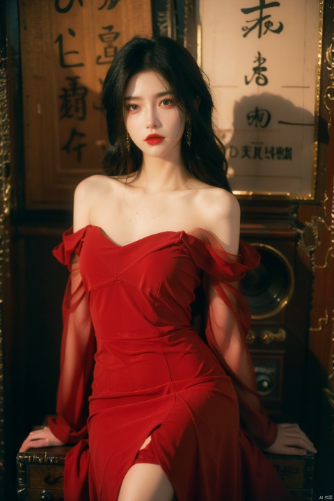  sdmai, hongchen, 1girl, solo, dress, red dress, black hair, realistic, breasts, jewelry, earrings, looking at viewer, bare shoulders,(big breasts:1.5)