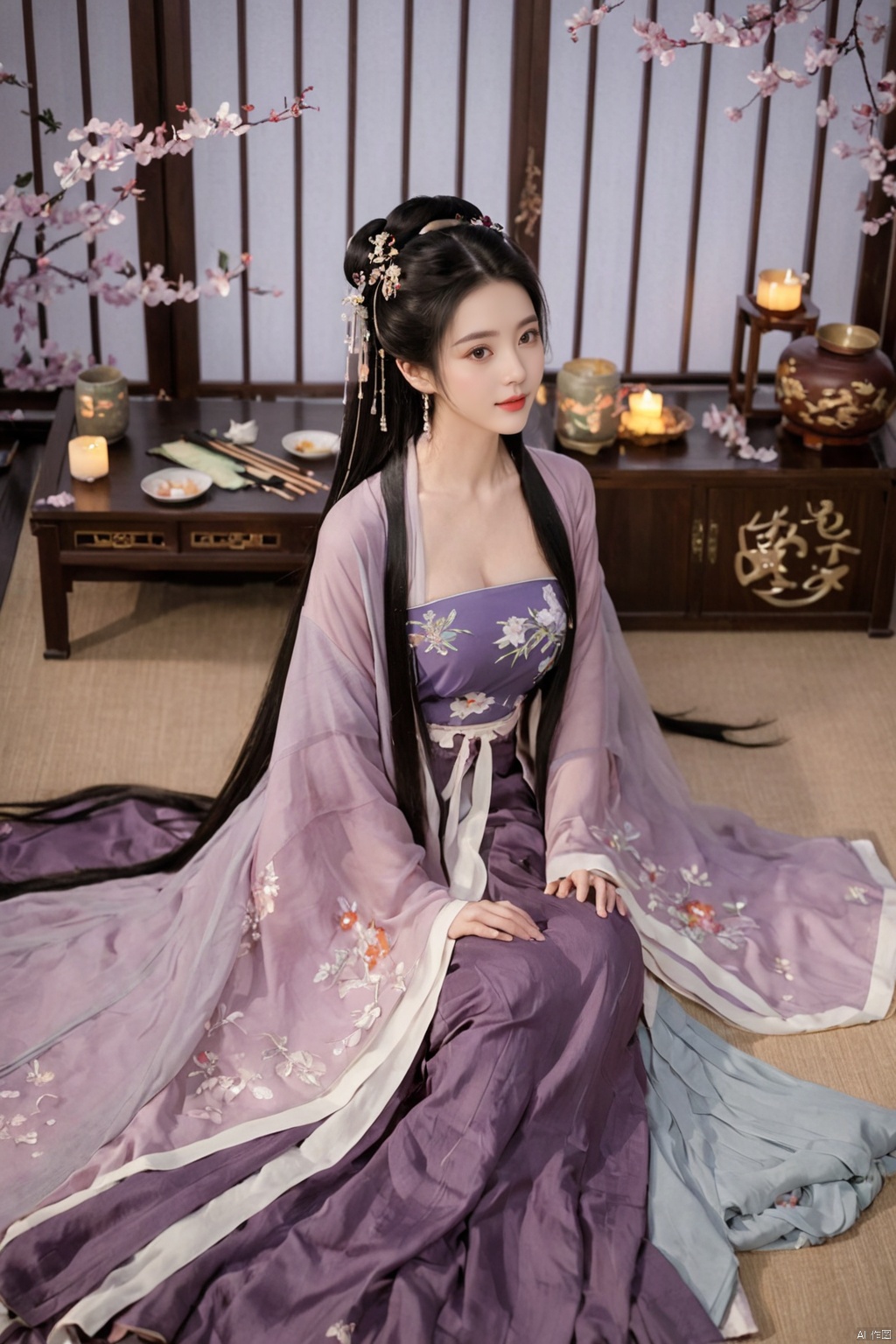  1girl, solo, long hair, black hair,Hairpins,necklace, hair ornament, dress, full body, flower, earrings, indoors, hair bun, (purple dress),(Tube top Hanfu long skirt:1.1), pillow, bed, night, chinese clothes, table, branch,daxiushan, ,daxiushan style,(huge breasts:1.99), (full breasts:1.59), realistic,hanfu, daxiushan,Shoulders are exposed, , daxiushan, arien_hanfu, FilmGirl