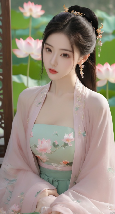  Best quality, Realistic, photorealistic, masterpiece, extremely detailed CG unity 8k wallpaper, best illumination, best shadow, huge filesize ,(huge breasts:2.39) incredibly absurdres, absurdres, looking at viewer, transparent, smog, gauze, vase, petals, room, ancient Chinese style, detailed background, wide shot background,
(((1gilr,black hair))),(Sitting on the lotus pond porch:1.39) ,(huge breasts:2.4),(A pond full of pink lotus flowers:1.3),close up of 1girl,Hairpins,hair ornament,hair wings,slim,narrow waist,(huge breasts:2.5),perfect eyes,beautiful perfect face,pleasant smile,perfect female figure,detailed skin,charming,alluring,seductive,erotic,enchanting,delicate pattern,detailed complex and rich exquisite clothing detail,delicate intricate fabrics,
Morning Serenade In the gentle morning glow, (a woman in a pink lotus-patterned Hanfu stands in an indoor courtyard:1.26),(Chinese traditional dragon and phoenix embroidered Hanfu:1.3), admiring the tranquil garden scenery. The lotus-patterned Hanfu, embellished with silver-thread embroidery, is softly illuminated by the morning light. The light mint green Hanfu imparts a sense of calm and freshness, adorned with delicate lotus patterns, with a blurred background to enhance the peaceful atmosphere,(huge breasts:2.7),