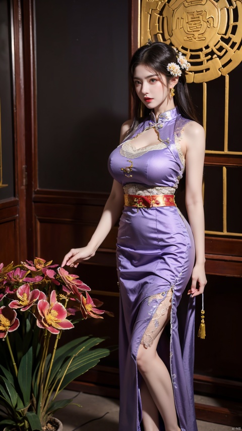  1girl, (high collar Lace light purple skirt:1.39), on Stomach, bed,aqua_earrings,Lights, lanterns, chang,(big breasts:1.76),hanfu, (antique cheongsam, Chinese round fans:1.3),(Flower arrangement, potted orchid, screen, Chinese ink painting, round fan:1.25)