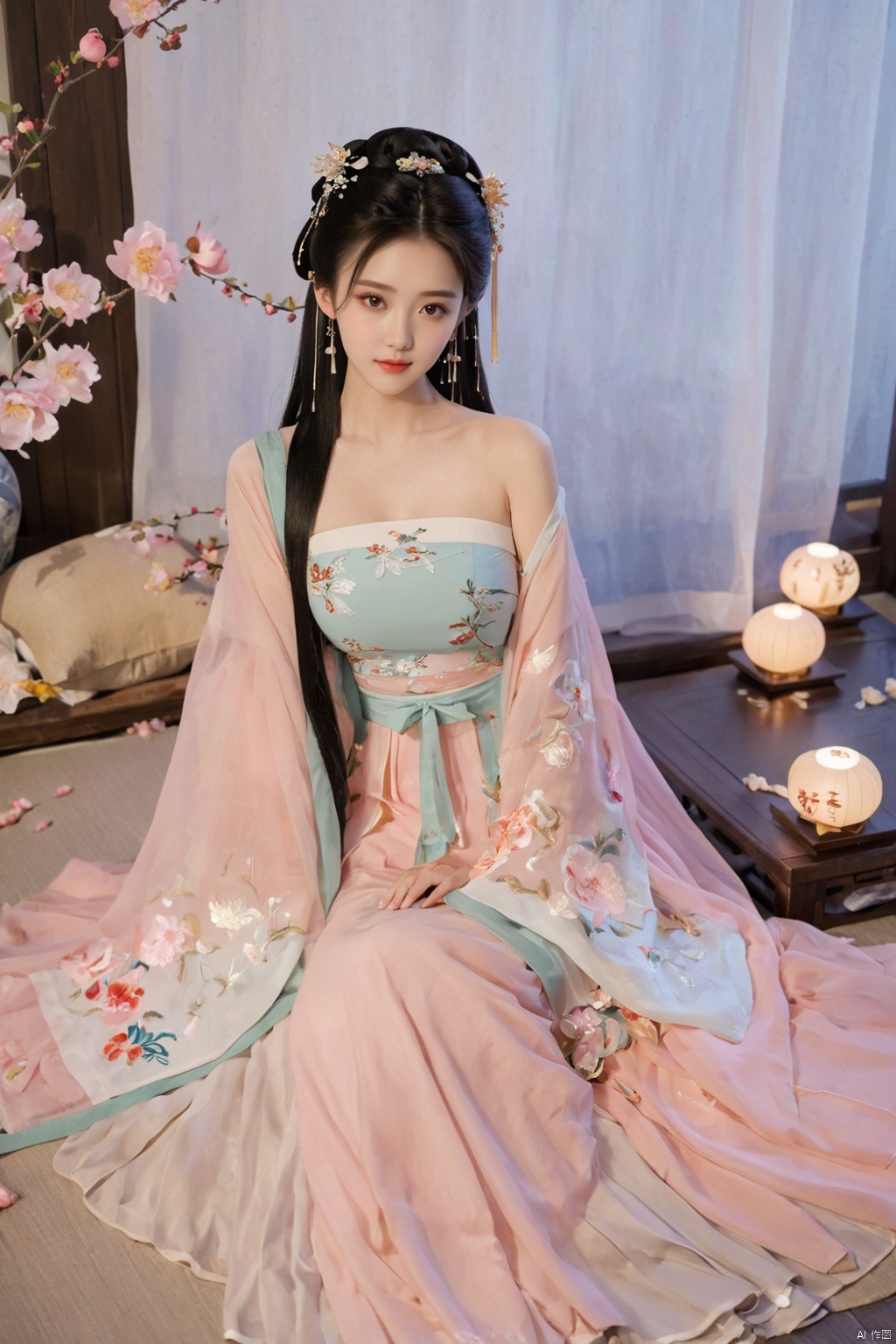 1girl, solo, long hair, black hair,Hairpins,necklace, hair ornament, dress, full body, flower, earrings, indoors, hair bun, (Peony embroidery dress),(Tube top Hanfu long skirt:1.1), pillow, bed, night, chinese clothes, table, branch,daxiushan, ,daxiushan style,(huge breasts:1.99), (full breasts:1.59), realistic,hanfu, daxiushan,Shoulders are exposed, , daxiushan, arien_hanfu, FilmGirl
