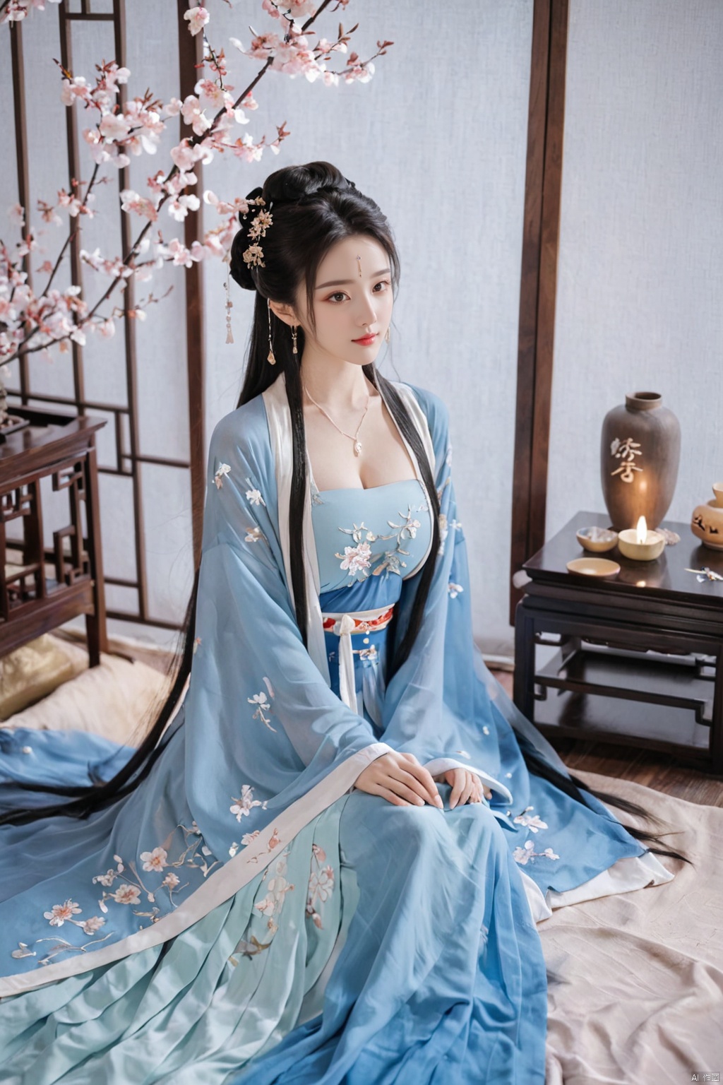  1girl, solo, long hair, black hair,Hairpins,necklace, hair ornament, dress, full body, flower, earrings, indoors, hair bun, (blue dress),(Tube top Hanfu long skirt:1.1), pillow, bed, night, chinese clothes, table, branch,daxiushan, ,daxiushan style,(huge breasts:1.99), (full breasts:1.59), realistic,hanfu, daxiushan,Shoulders are exposed, , daxiushan, arien_hanfu, FilmGirl