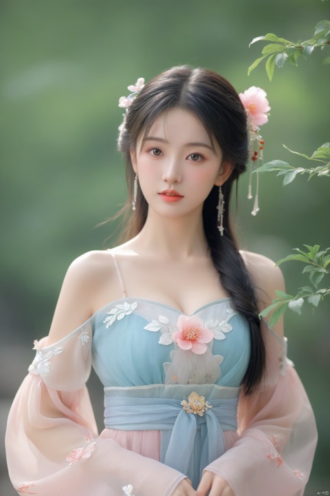  arien_hanfu,1girl, solo, flower, long hair, black hair, hair ornament, (big breasts:1.39),hair flower, blue eyes, floral print, chinese clothes, looking at viewer, detached sleeves, upper body, white flower, parted lips, dress, pink flower, china dress, bare shoulders, blush, red flower, eyelashes, white dress, lips, sleeveless, parted bangs, grey background, gongzhuqie, neon_dress,huansha, glowing,lens flare,big leaf,plant, wind, chang,(big breasts:1.5),
