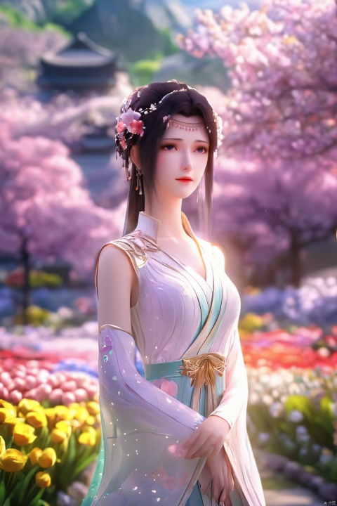  1girl,medium shot,solo,emotional_face,flower dress,flower armor,looking_at_viewer,colorful blooming flowers,forming a dreamlike world,flower_garden,flowers everywhere,greens,pinks,bokeh,cinematic,exposure blend,(muted_colors, dim_colors, soothing_tones:1.3),21yo girl,(big breasts:1.39), Xyunyun,