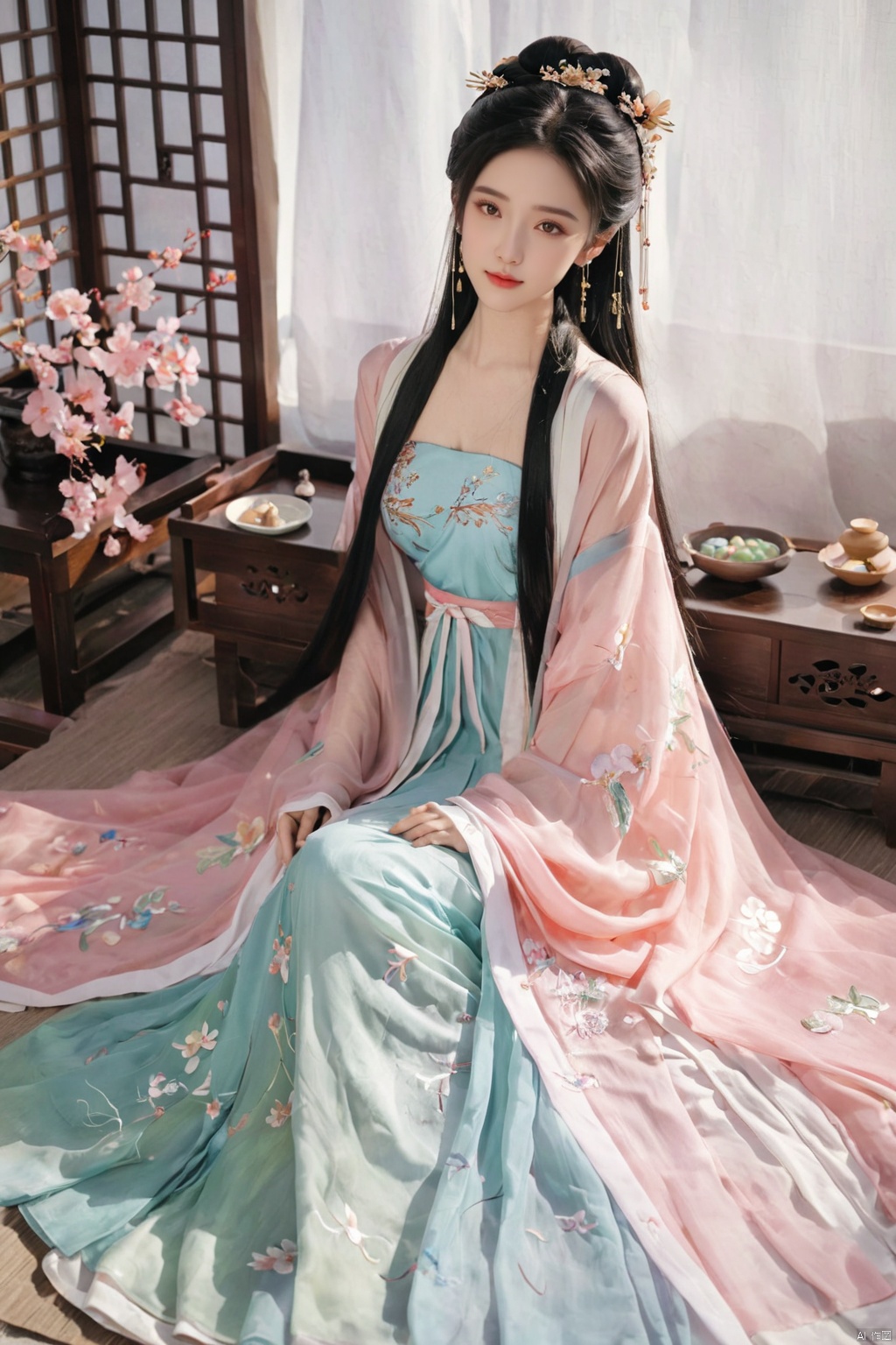  1girl, solo, long hair, black hair,Hairpins,necklace, hair ornament, dress, full body, flower, earrings, indoors, hair bun, (Holographic color dress),(Tube top Hanfu long skirt:1.1), pillow, bed, night, chinese clothes, table, branch,daxiushan, ,daxiushan style,(huge breasts:1.99), (full breasts:1.59), realistic,hanfu, daxiushan,Shoulders are exposed, , daxiushan, arien_hanfu, FilmGirl