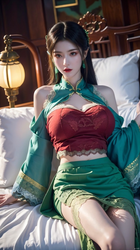  1girl, (Lace red|blue|green skirt:1.45), on Stomach, lying down, bed,aqua_earrings,Lights, lanterns, chang,(big breasts:1.49),hanfu, (antique cheongsam), (Chinese round fans),