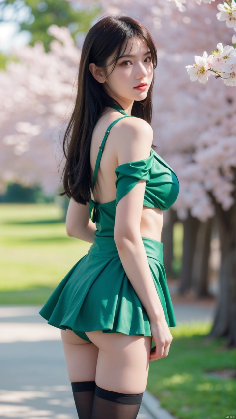  1girl,eye contact,sunlight,(green JK_suit:1.2),JK_style,(dark blue JK_skirt),standing,arms behindback,white thighhighs,unity 8k wallpaper,ultra detailed,beautiful and aesthetic,cherry blossoms,(depth of field:1.5),(black pantyhose),reality,high quality,highres,(big breasta:1.39)
