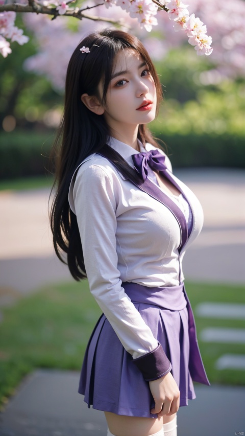  1girl,eye contact,sunlight,(purple JK_suit:1.2),JK_style,(dark blue JK_skirt),standing,arms behindback,white thighhighs,unity 8k wallpaper,ultra detailed,beautiful and aesthetic,cherry blossoms,(depth of field:1.5),(black pantyhose),reality,high quality,highres,(big breasta:1.3)