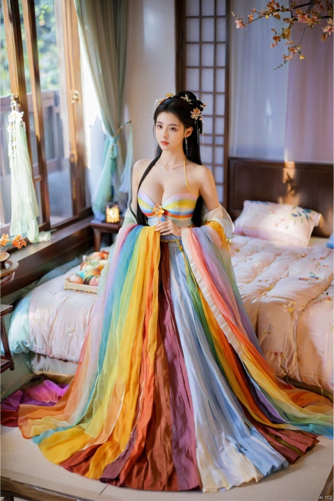  1girl, solo, long hair, black hair,Hairpins,necklace, hair ornament, dress, full body, flower, earrings, indoors, hair bun, (Seven-color rainbow gradient color dress),(Tube top Hanfu long skirt:1.1), pillow, bed, night, chinese clothes, table, branch,daxiushan, ,daxiushan style,(huge breasts:1.79), (full breasts:1.59), realistic,hanfu, daxiushan,Shoulders are exposed, , daxiushan, arien_hanfu, FilmGirl