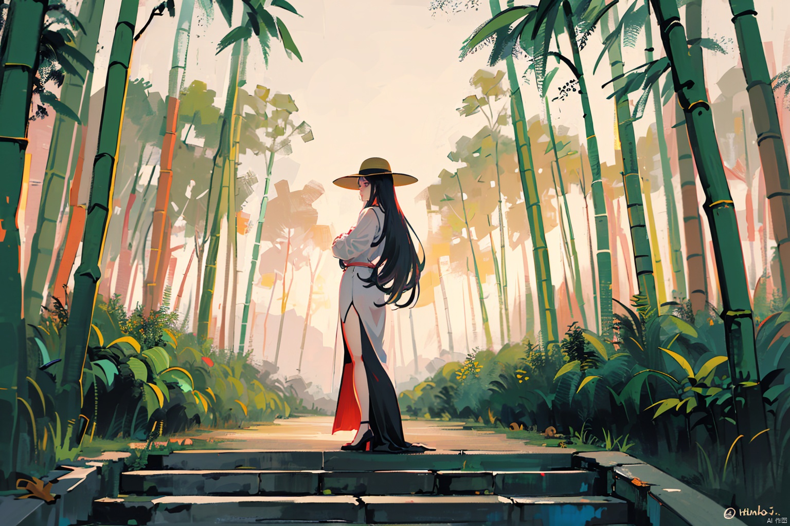  (masterpiece), (highest quality), ultra-high resolution,1girl, long hair, (high-waistskirt),golden earring, (bamboo hat),(side slit:1.3).Bamboo forest, standing