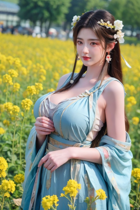  Enhanced, masterpiece, 16K, girl, Solo, Flower Field, rape flower, (\meng ze\), yue , hair ornament , hanfu,(big breasts:1.36)