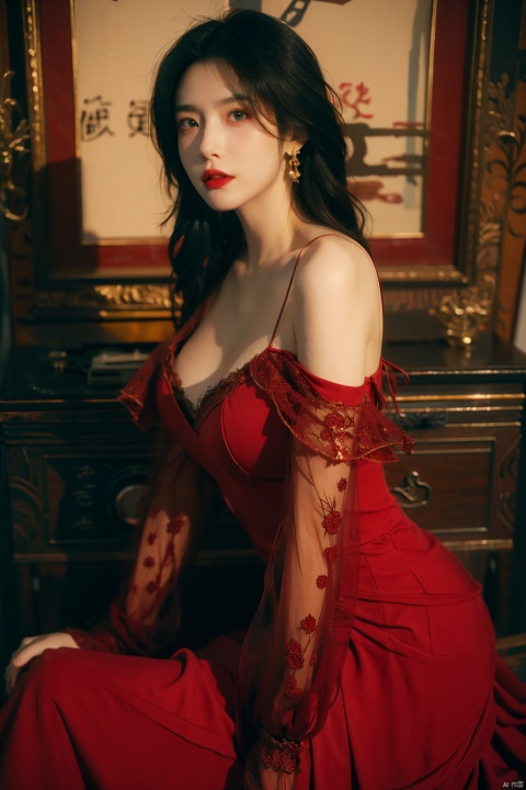  sdmai, hongchen, 1girl, solo, dress, red dress, black hair, realistic, breasts, jewelry, earrings, looking at viewer, bare shoulders,(big breasts:1.5)