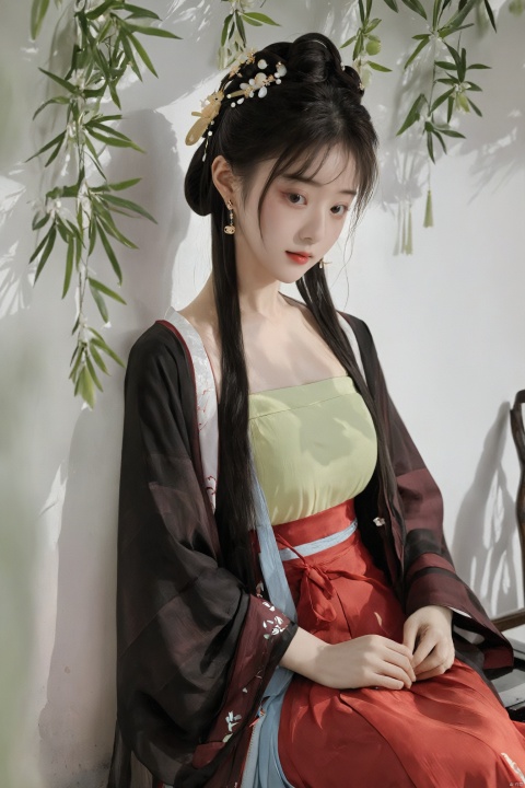  (masterpiece, top quality, best quality, official art, beautiful and aesthetic:1.2),gf-hd, 1girl, solo, hair ornament, jewelry,(red-black hanfu dress), long dress, earrings, chinese clothes, brown hair, ribbon, hanfu, red ribbon, shawl, song_hanfu,(big breasts:1.99), (full breasts:1.59),monkren