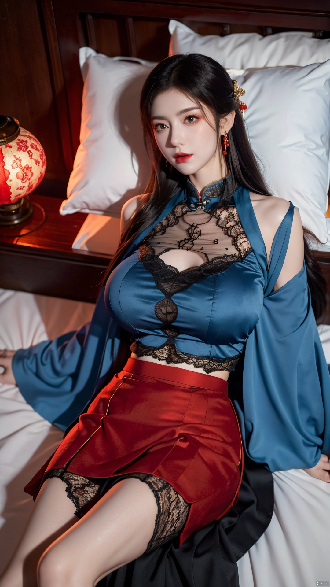  1girl, (Lace red|blue skirt:1.45), on Stomach, lying down, bed,aqua_earrings,Lights, lanterns, chang,(big breasts:1.49),hanfu, antique cheongsam, Chinese round fans,