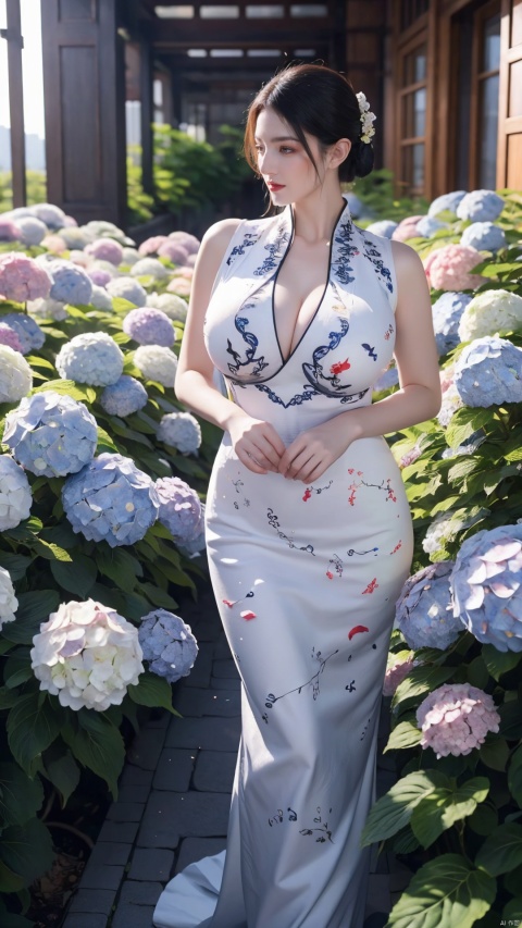  1girl,front,full body,mottledsunlight,hydrangea flowers field,photoparticle,refracted light,light particles,sparkle,backlighting,hydrangea flower,china dress\(haihang\),lingxing, (big breasts:1.89),
