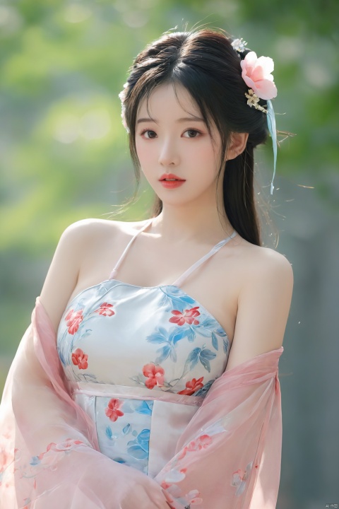  arien_hanfu,1girl, solo, flower, long hair, black hair, hair ornament, (big breasts:1.39),hair flower, blue eyes, floral print, chinese clothes, looking at viewer, detached sleeves, upper body, white flower, parted lips, dress, pink flower, china dress, bare shoulders, blush, red flower, eyelashes, white dress, lips, sleeveless, parted bangs, grey background, gongzhuqie, neon_dress,huansha, glowing,lens flare,big leaf,plant, wind, chang,(big breasts:1.5),