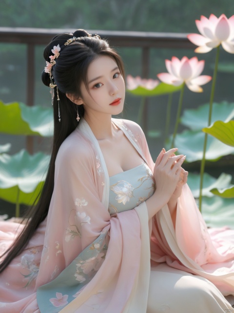  Best quality, Realistic, photorealistic, masterpiece, extremely detailed CG unity 8k wallpaper, best illumination, best shadow, huge filesize ,(huge breasts:2.2), incredibly absurdres, absurdres, looking at viewer, transparent, smog, gauze, vase, petals, room, ancient Chinese style, detailed background, wide shot background,
(((1gilr,black hair))),(Sitting on the lotus pond porch:1.39) ,(huge breasts:2.3),(A pond full of pink lotus flowers:1.3),close up of 1girl,Hairpins,hair ornament,hair wings,slim,narrow waist,(huge breasts:2.33),perfect eyes,beautiful perfect face,pleasant smile,perfect female figure,detailed skin,charming,alluring,seductive,erotic,enchanting,delicate pattern,detail,delicate intricate fabrics,
Morning Serenade In the gentle morning glow, (a woman in a pink lotus-patterned Hanfu stands in an indoor courtyard:1.26),admiring the tranquil garden scenery. The lotus-patterned Hanfu, embellished with silver-thread embroidery, is softly illuminated by the morning light, with a blurred background to enhance the peaceful atmosphere,(huge breasts:2.39), monkren, MAJICMIX STYLE