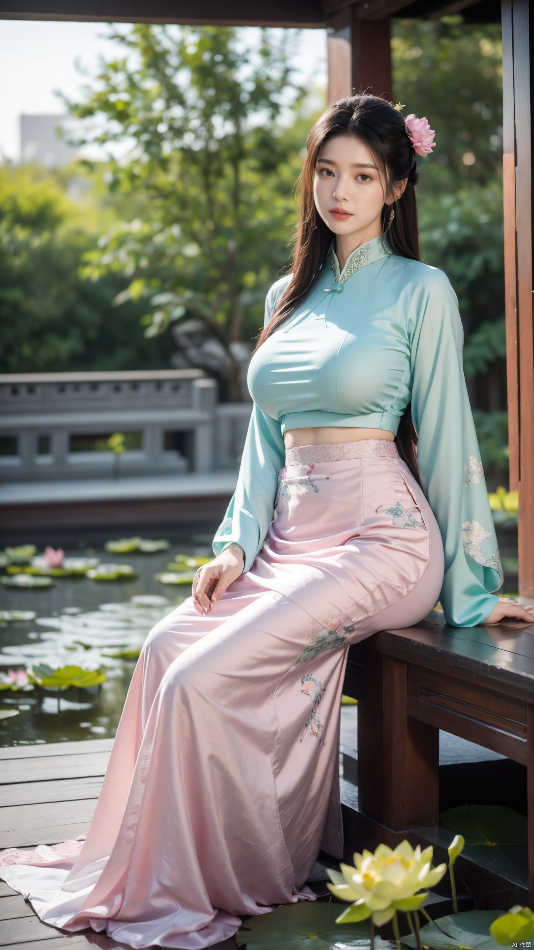  (1girl:1.1), (Lace green skirt:1.39), on Stomach,aqua_earrings,Lights, lanterns, chang,(big breasts:1.56),hanfu, Best quality, Realistic, photorealistic, masterpiece, extremely detailed CG unity 8k wallpaper, best illumination, best shadow, huge filesize ,(huge breasts:1.59) incredibly absurdres, absurdres, looking at viewer, transparent, smog, gauze, vase, petals, room, ancient Chinese style, detailed background, wide shot background,
(((black hair))),(Sitting on the lotus pond porch:1.49) ,(A pond full of pink lotus flowers:1.5),close up of 1girl,Hairpins,hair ornament,hair wings,slim,narrow waist,perfect eyes,beautiful perfect face,pleasant smile,perfect female figure,detailed skin,charming,alluring,seductive,erotic,enchanting,delicate pattern,detailed complex and rich exquisite clothing detail,delicate intricate fabrics,
Morning Serenade In the gentle morning glow, (a woman in a pink lotus-patterned Hanfu stands in an indoor courtyard:1.36),(Chinese traditional dragon and phoenix embroidered Hanfu:1.3), admiring the tranquil garden scenery. The lotus-patterned Hanfu, embellished with silver-thread embroidery, is softly illuminated by the morning light. The light mint green Hanfu imparts a sense of calm and freshness, adorned with delicate lotus patterns, with a blurred background to enhance the peaceful atmosphere,X-Yunxiao, Yunxiao_Fairy,X-ziling,Xlanlinge