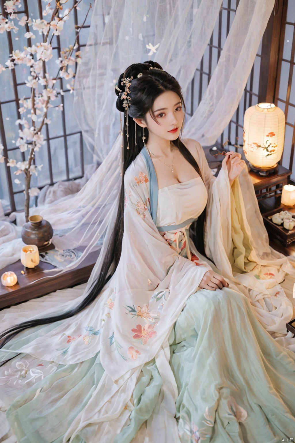  1girl, solo, long hair, black hair,Hairpins,necklace, hair ornament, dress, full body, flower, earrings, indoors, hair bun, (white dress),(Tube top Hanfu long skirt:1.1), pillow, bed, night, chinese clothes, table, branch,daxiushan, ,daxiushan style,(huge breasts:1.99), (full breasts:1.59), realistic,hanfu, daxiushan,Shoulders are exposed, , daxiushan, arien_hanfu, FilmGirl