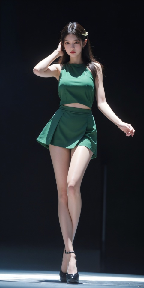  1girl,eye contact,sunlight,(green JK_suit:1.2),JK_style,(dark blue JK_skirt),(Round-neck T-shirt:1.1),standing,full body,arms behindback,white thighhigh,unity 8k wallpaper,ultra detailed,beautiful and aesthetic,(Fashion show runway:1.3),(depth of field:1.5),(black pantyhose),reality,high quality,highres,(big breasta:1.39)