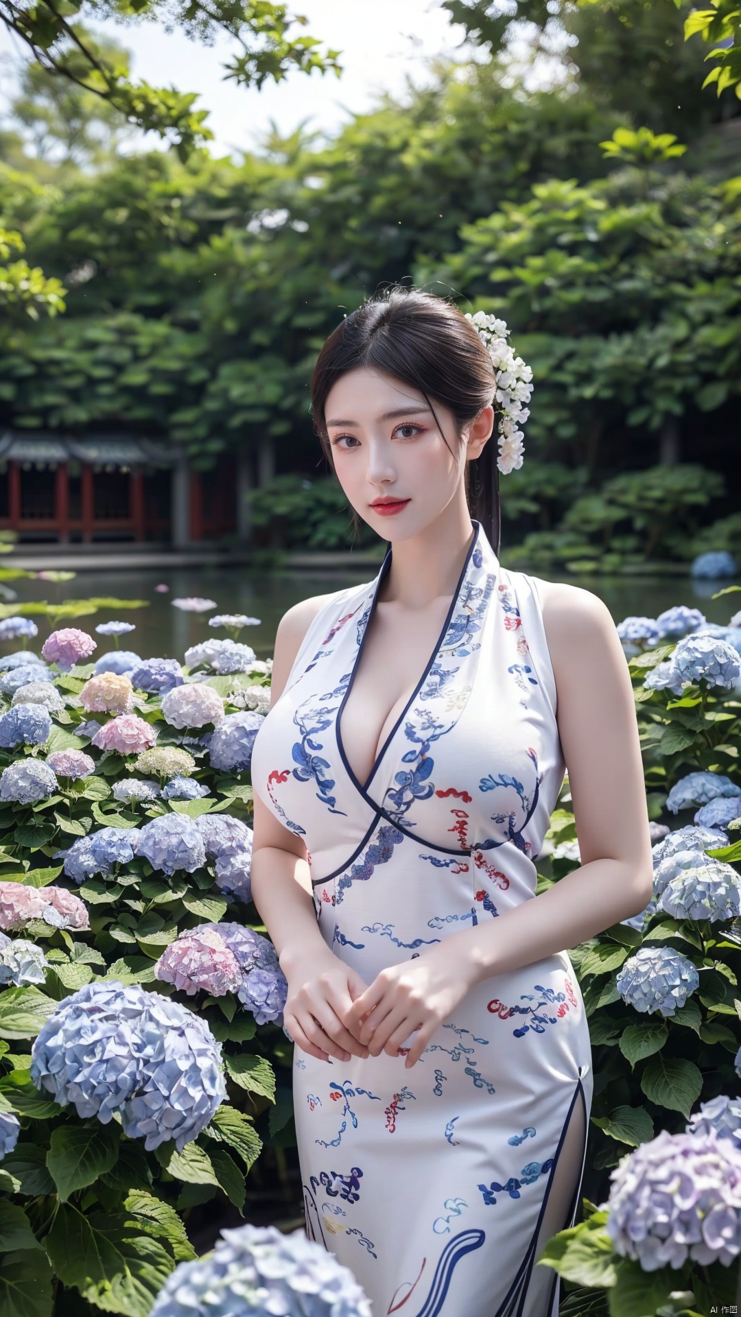  1girl,front,mottledsunlight,hydrangea flowers field,photoparticle,refracted light,light particles,sparkle,backlighting,hydrangea flower,china dress\(haihang\),lingxing, (big breasts:1.6),(Ancient Chinese architecture, Suzhou gardens, gardens full of flowers:1.3), X-Hydrangea, Oil-paper umbrella