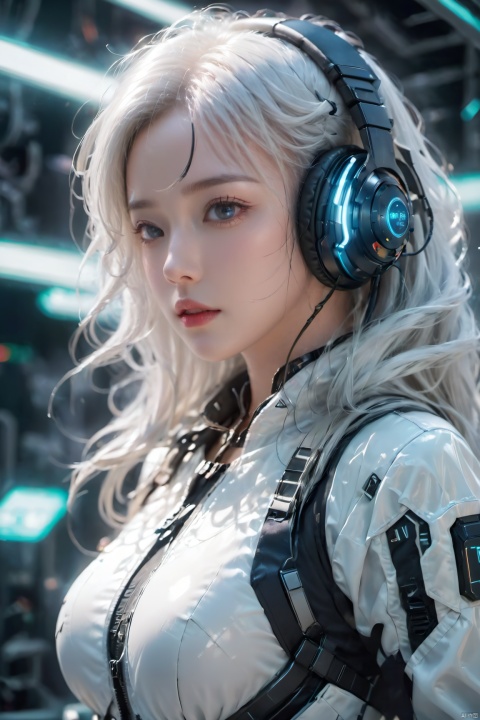  1girl,Future style gel coat,Future Combat Suit,Mecha,blurry background,breasts,depth of field,headphones,Glowing Clothing,Future Technology Space Station,Clothing with multiple light sources,Upper body,Oblique lateral body,Above the abdomen,headset,lips,long hair,looking at viewer,(big breasts:1.3),parted lips,realistic,science fiction,solo,upper body,White hair