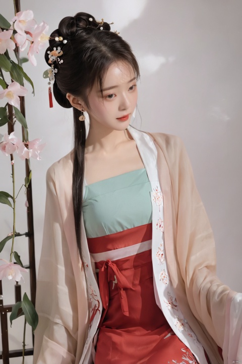  (masterpiece, top quality, best quality, official art, beautiful and aesthetic:1.2),gf-hd, 1girl, solo, hair ornament, jewelry,hanfu dress, red dress, earrings, chinese clothes, brown hair, ribbon, hanfu, red ribbon, shawl, song_hanfu,(big breasts:1.39), monkren