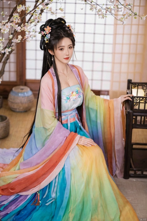  1girl, solo, long hair, black hair,Hairpins,necklace, hair ornament, dress, full body, flower, earrings, indoors, hair bun, (Seven-color rainbow gradient color dress),(Tube top Hanfu long skirt:1.1), pillow, bed, night, chinese clothes, table, branch,daxiushan, ,daxiushan style,(huge breasts:1.99), (full breasts:1.69), realistic,hanfu, daxiushan,Shoulders are exposed, , daxiushan, arien_hanfu, FilmGirl